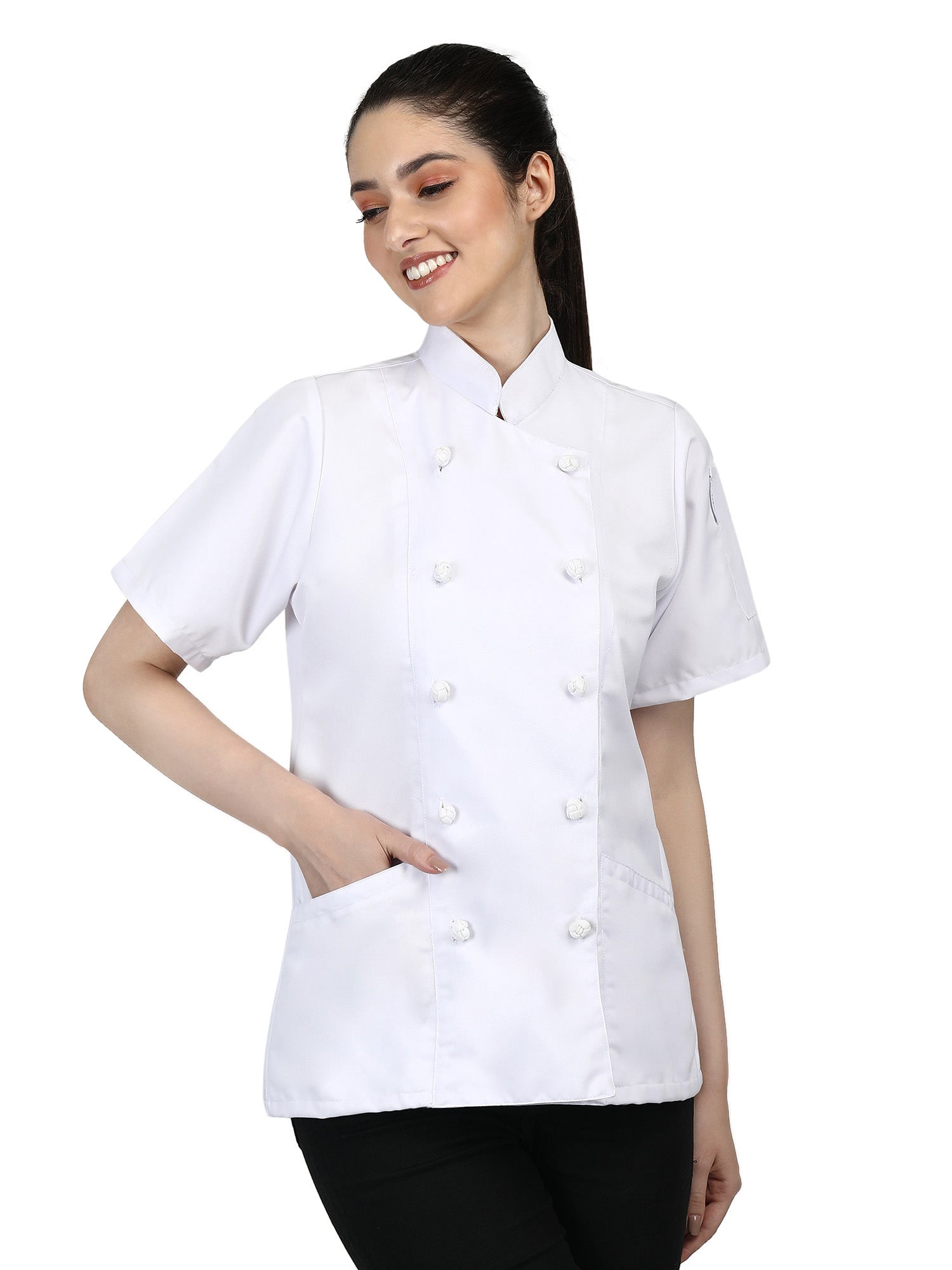 Short Sleeves Knotted Cloth Buttons Women Chef Coat Jacket Uniform ideal for food service, Caterers and Culinary professional – White